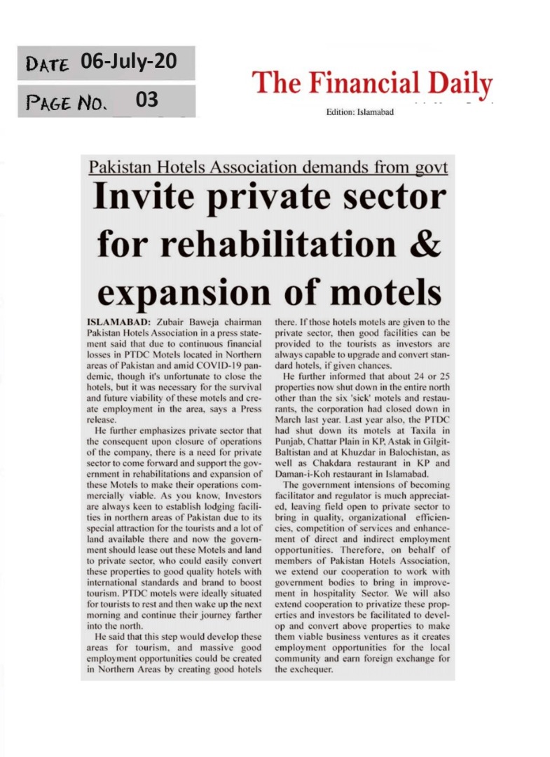PHA Press Release on Governemnt/PTDC close down operations of Motels in North area of Pakistan